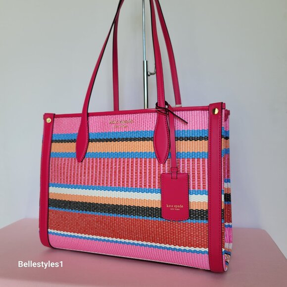 KATE SPADE Market Striped Woven Straw Medium Tote Bag-Wild Raspberry Multi⭐ - Picture 4 of 16
